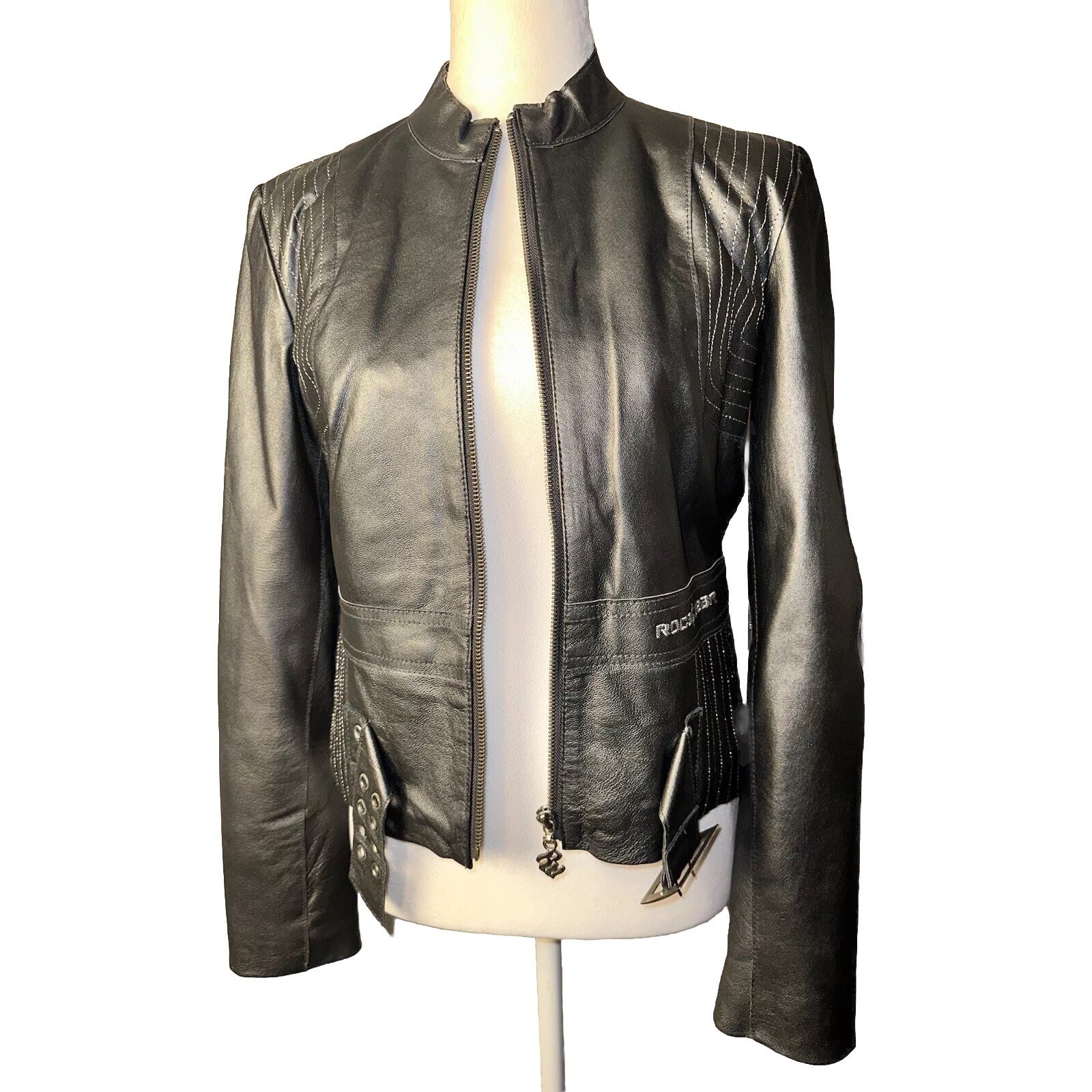 Rocawear Motorcycle Jacket Womens M Metal Gray Leather Zip Up Buckles Rare Htf